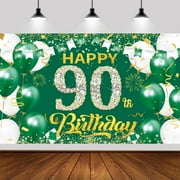 Green Gold 90th Happy Birthday Backdrop,Green Gold Happy Birthday Photography Background Banner for Birthday Party Backdrop